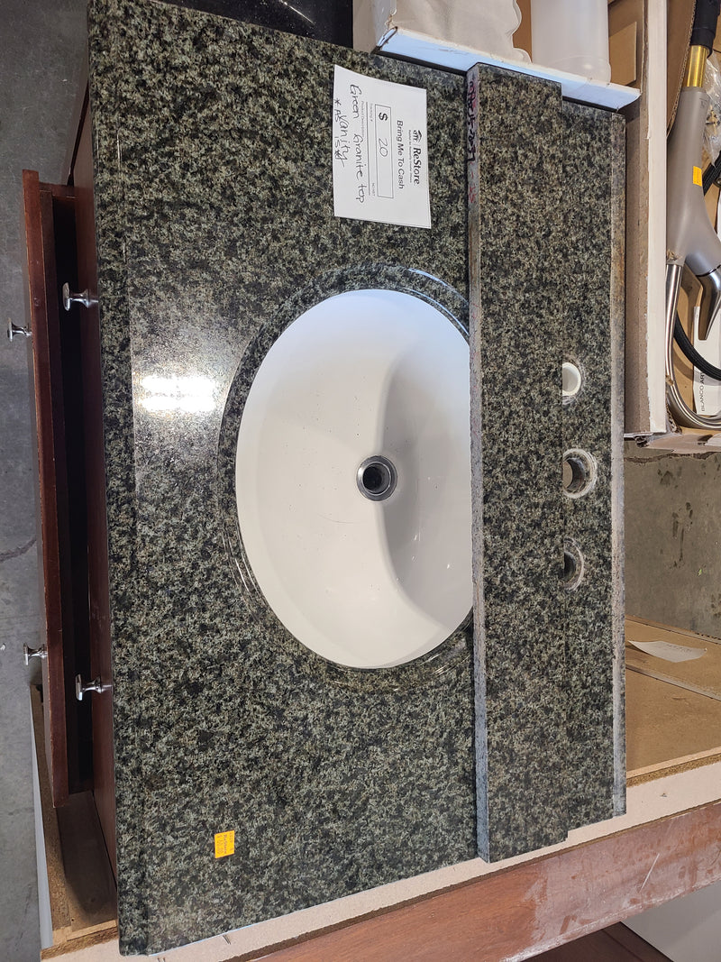 Traditional Wood Bathroom Vanity with Green Granite Top & Sink