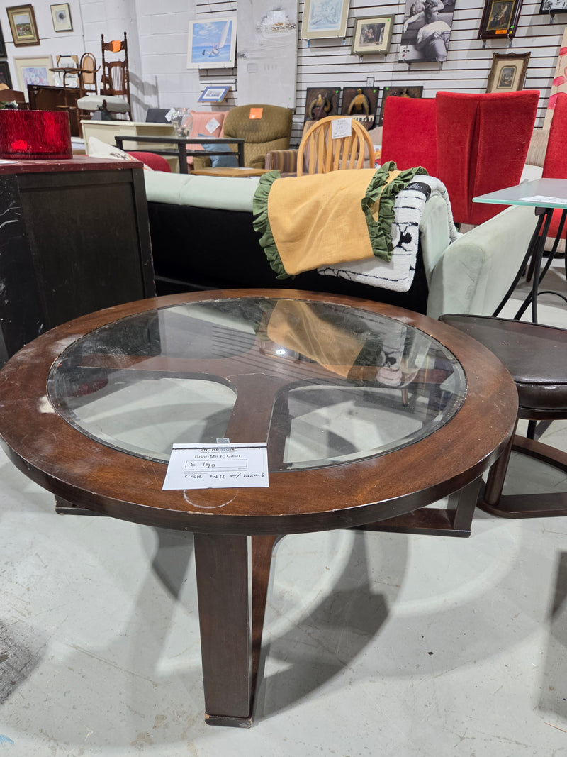 Round Wood Glass-Top Coffee Table with 4 Nesting Ottomans Stools