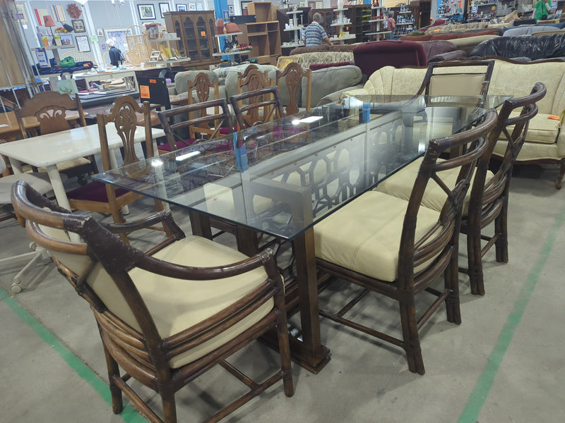 McGuire Bamboo + Raw Hide Chairs with Geometric Base Glass Table