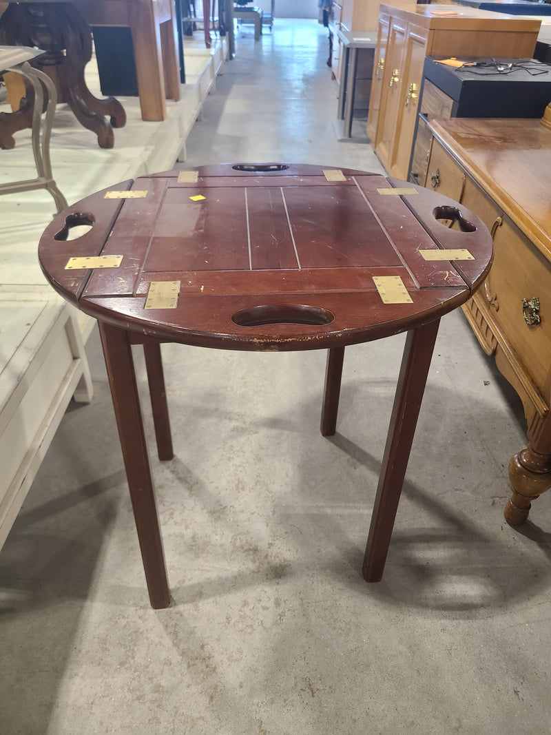 Vintage Butler’s Tray Style Round Side Table with Folding Drop Leaves