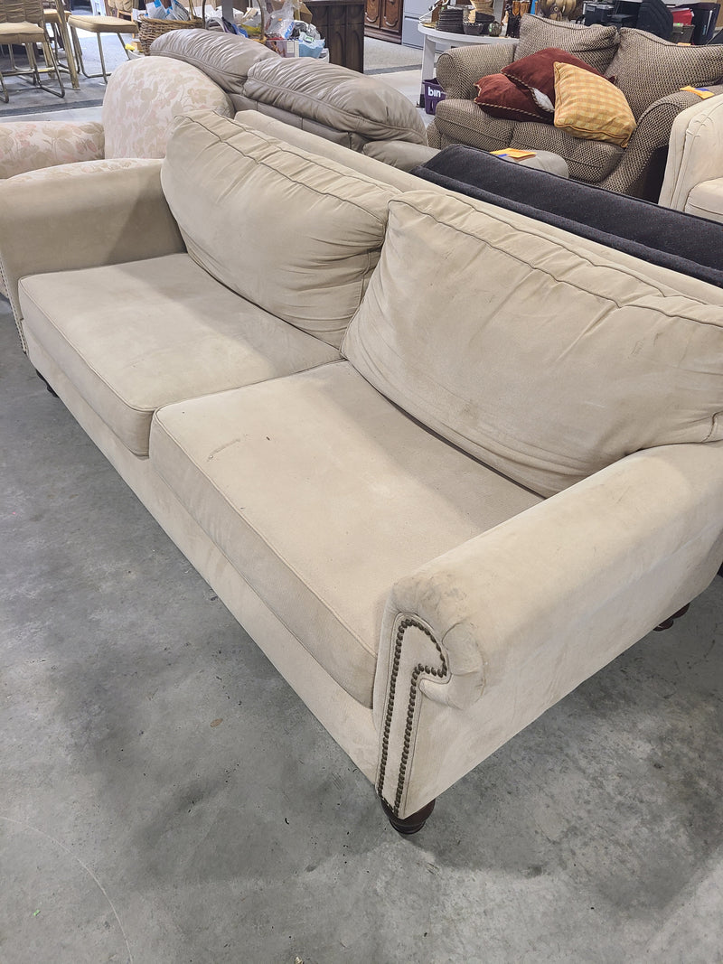 Traditional Beige Fabric Rolled-Arm Sofa with Nailhead Trim