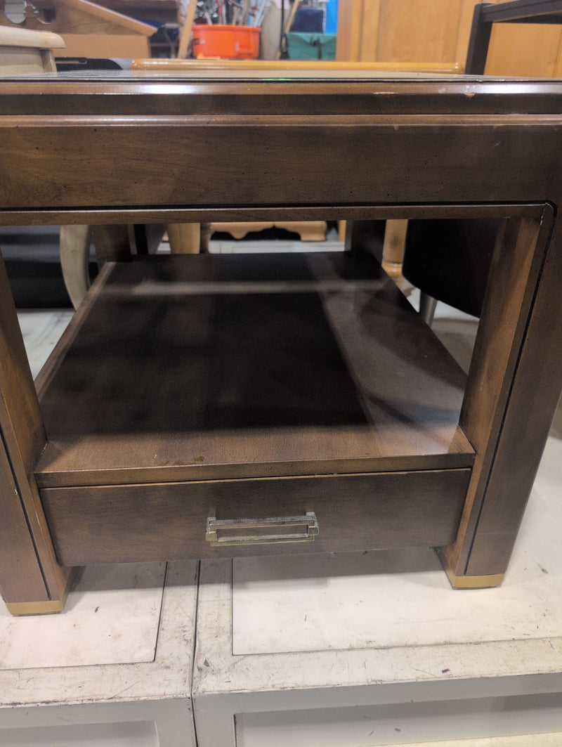 Wooden Side Table with Cane/Rattan Webbing and Glass Top