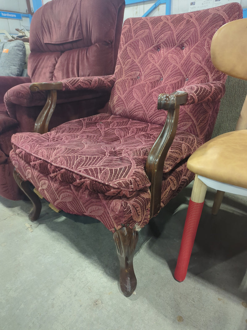 Vintage Upholstered Red Leaf Patterned Armchair