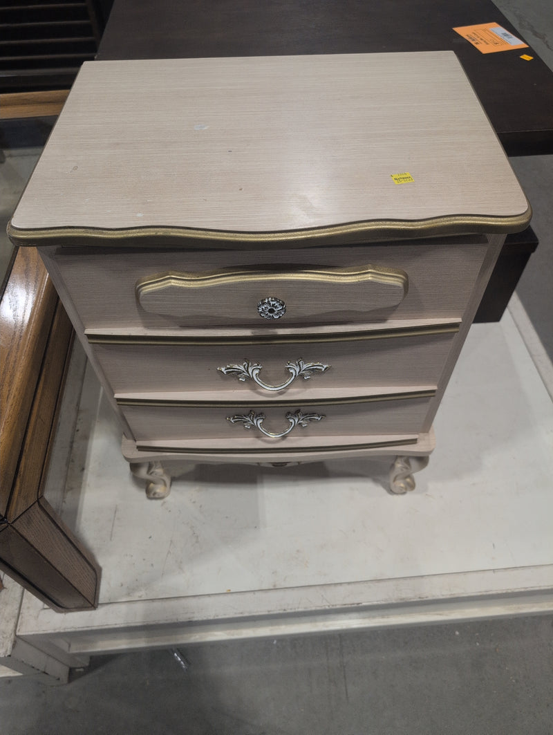 Beige,Gold, and White Nightstand with 2 Drawers and Ornate Details