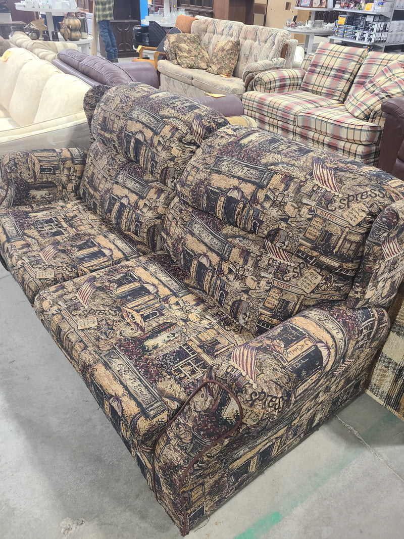 Good Condition Vintage Cafe Bistro Tapestry Print Sofa