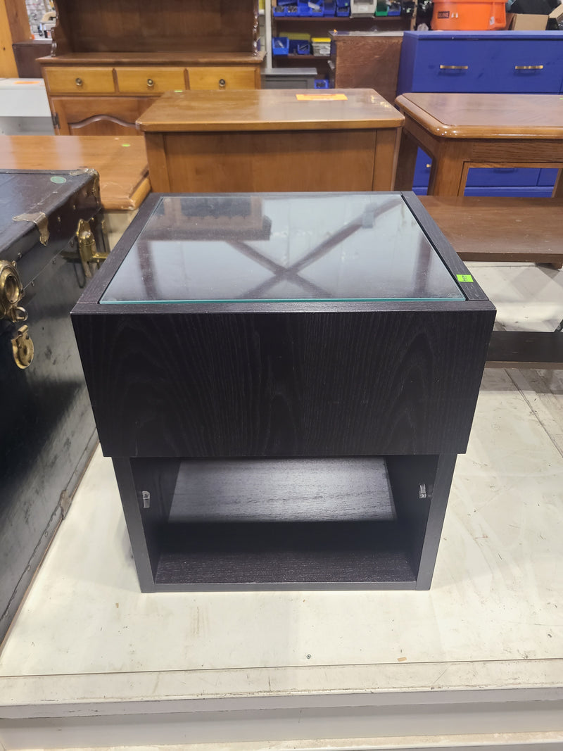 Modern Black Glass-Top End Table Nightstand with Open Cubby