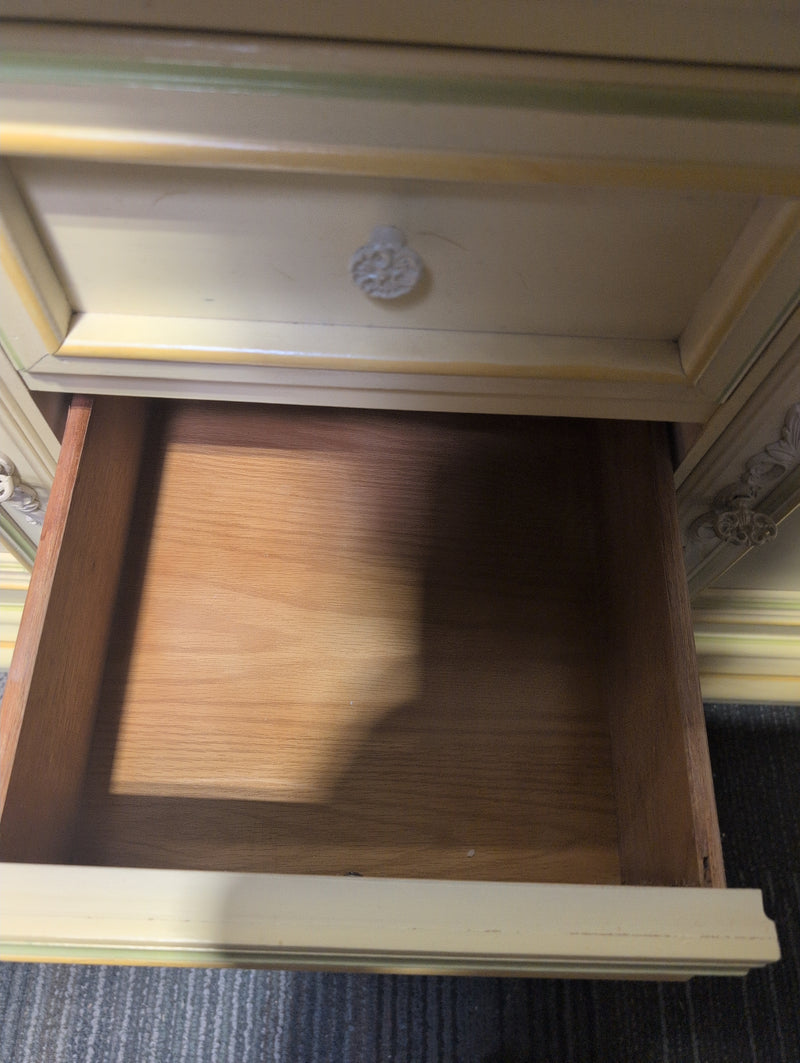 Vintage Wooden Yellow Hutch Buffet with Floral Designs, Windows, and Internal Light