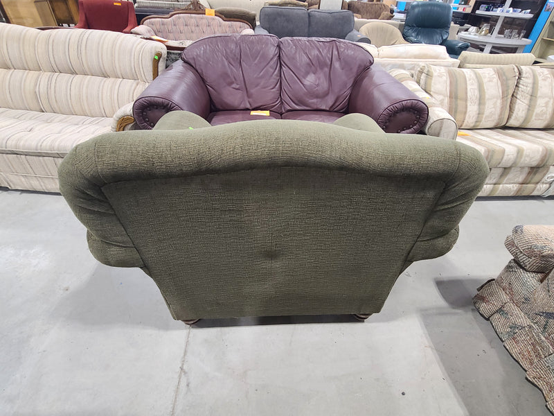 Overstuffed Olive Green Upholstered Armchair with Tan Piping
