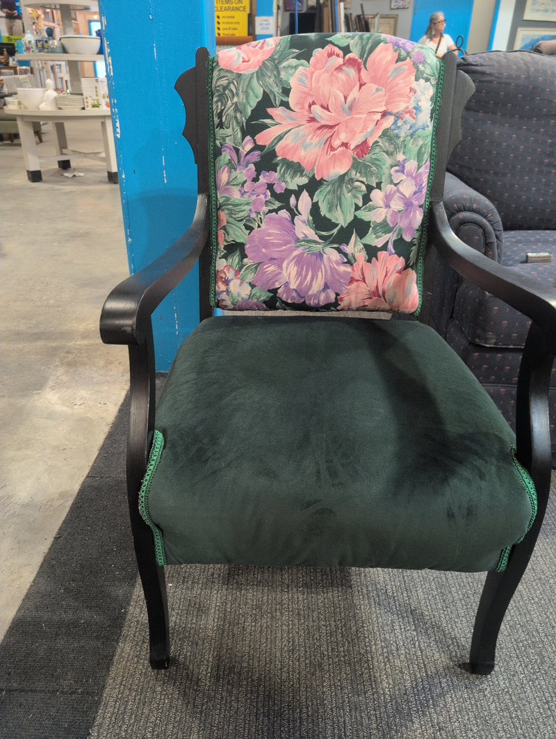 Black Armchair with Green Fabric and Floral Designs