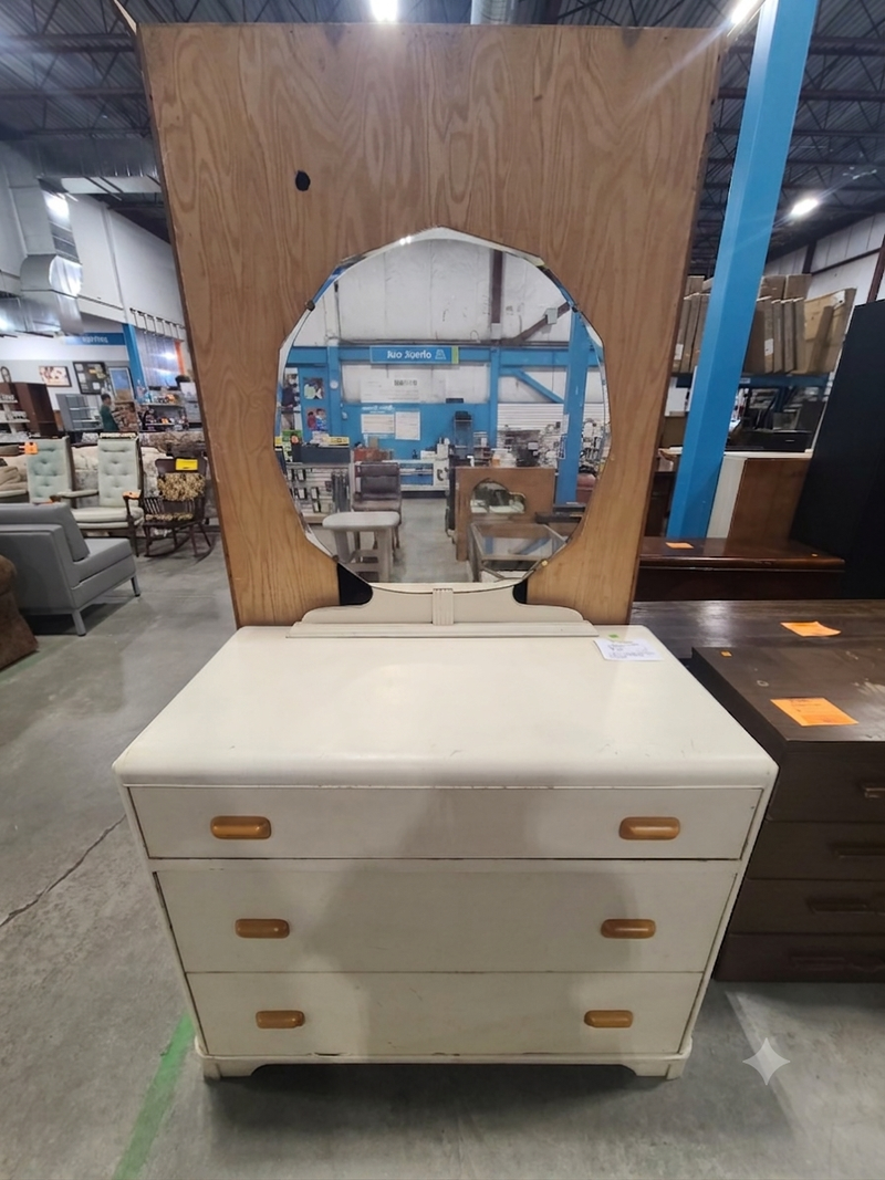 Vintage Art Deco Off-White 3-Drawer Vanity Dresser with Octagonal Mirror
