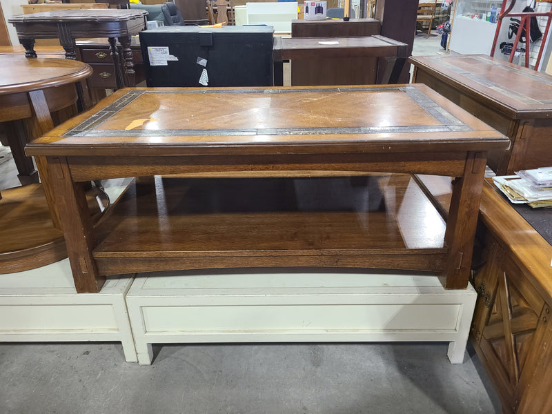 Rustic Oak Coffee Table with Slate Tile Inlay & Lower Storage Shelf