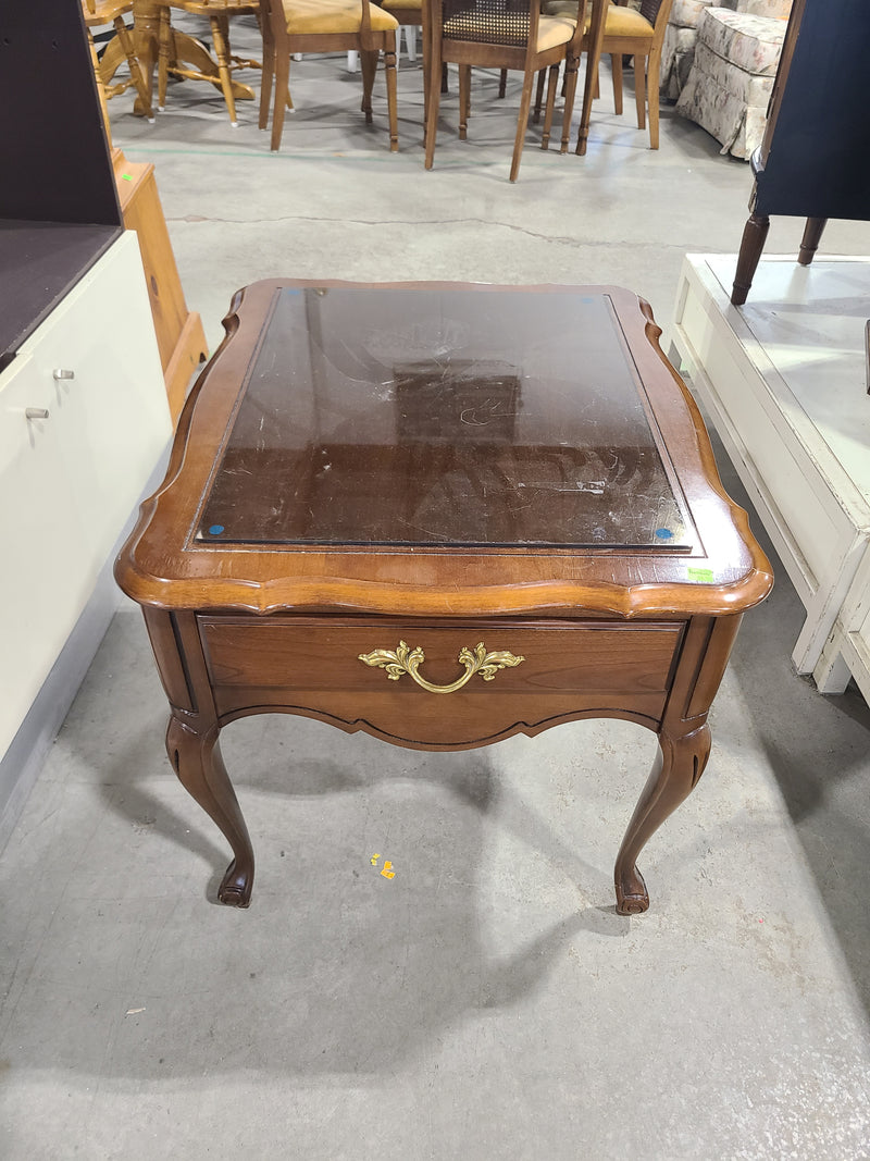 Vintage French Provincial Wood End Table with Glass Top & Drawer