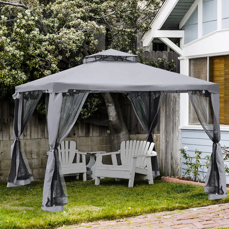 Outsunny 9.6' Outdoor Patio Gazebo Pavilion Canopy Tent with Mesh Sidewalls in Grey