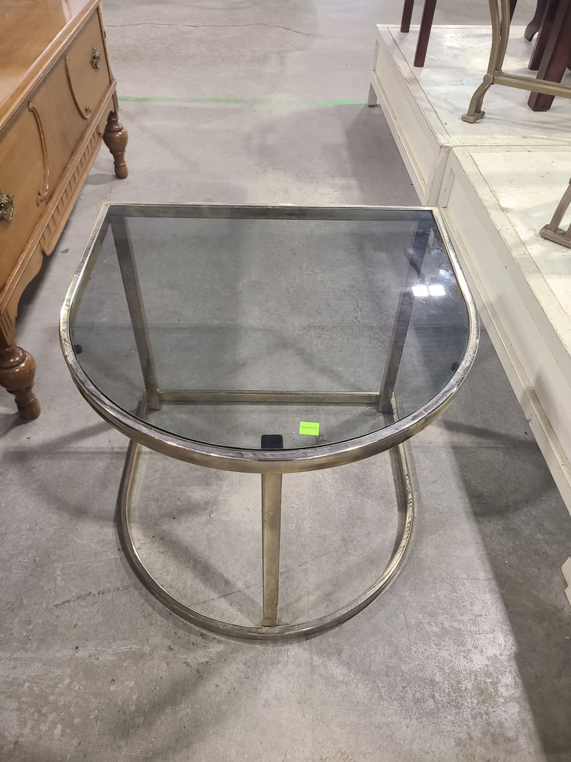 Vintage Hollywood Regency Brass & Smoked Glass D-Shape Side Table