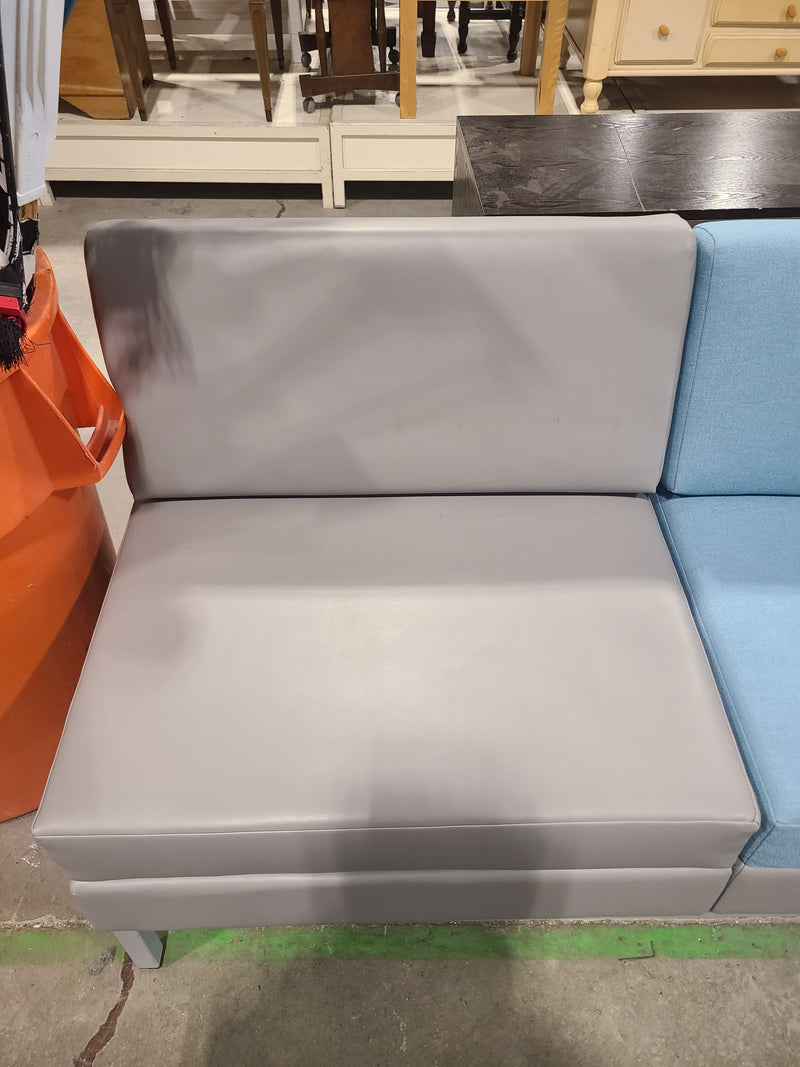 Modern Modular 3-Piece Armless Bench Sofa in Grey Faux Leather & Light Blue Fabric