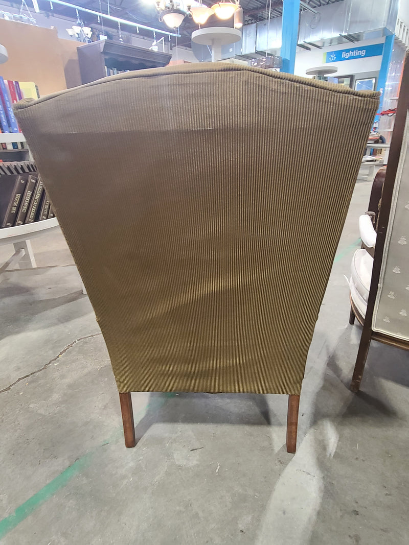 Classic Striped Wingback Armchair with Matching Footstool in Olive/Gold Tones