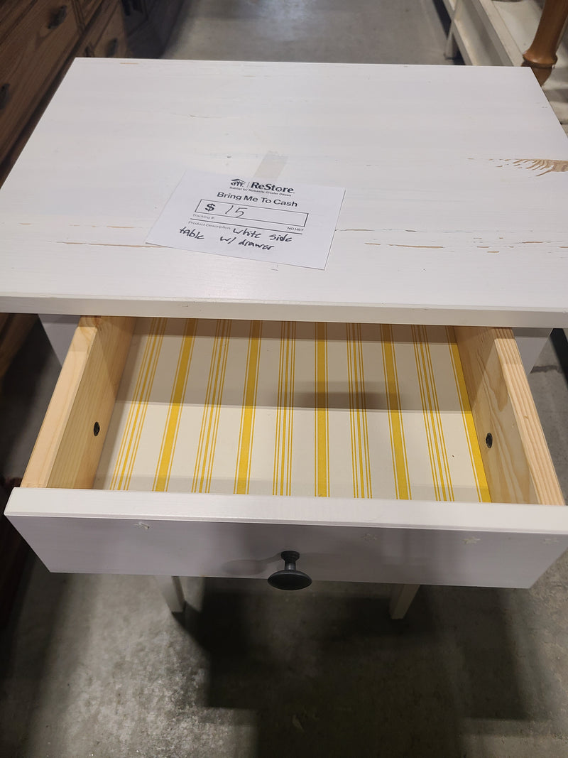 Charming White Side Table with Drawer and Shelf