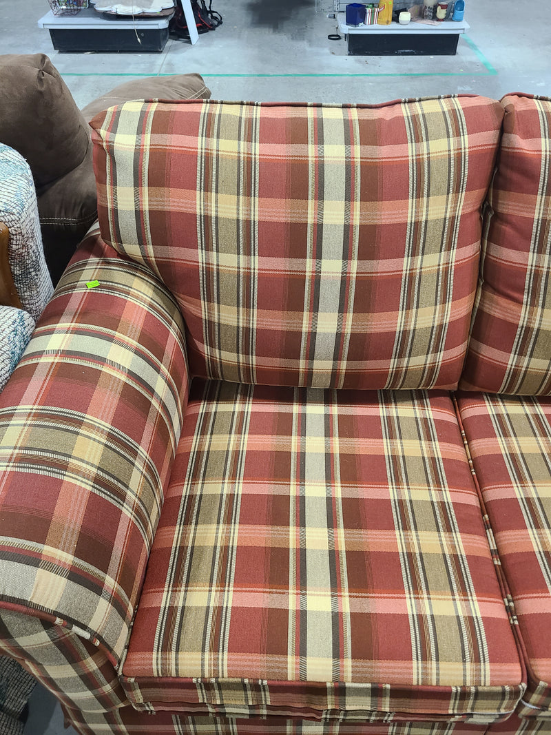 Plaid Upholstered Three-Cushion Sofa with Rolled Arms