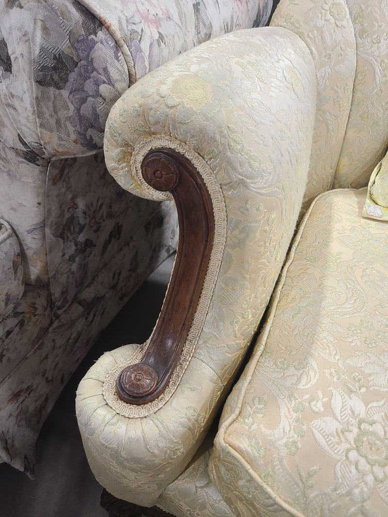 French Provincial Brocade Sofa with Carved Wood Frame