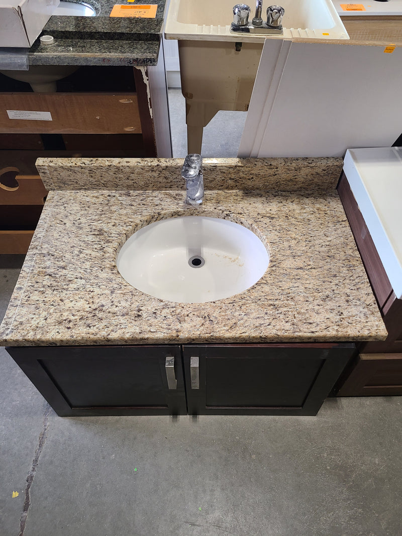 Granite Vanity Top with Sink, Faucet, and Espresso Cabinet Base