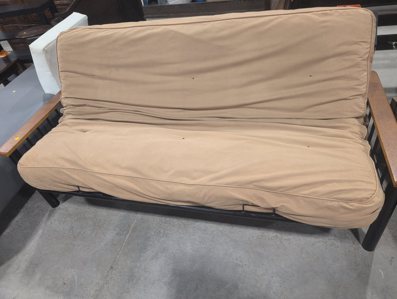 Wooden Double Bed Futon with Beige Mattress