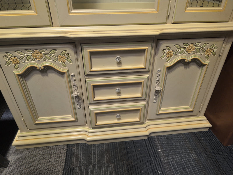 Vintage Wooden Yellow Hutch Buffet with Floral Designs, Windows, and Internal Light