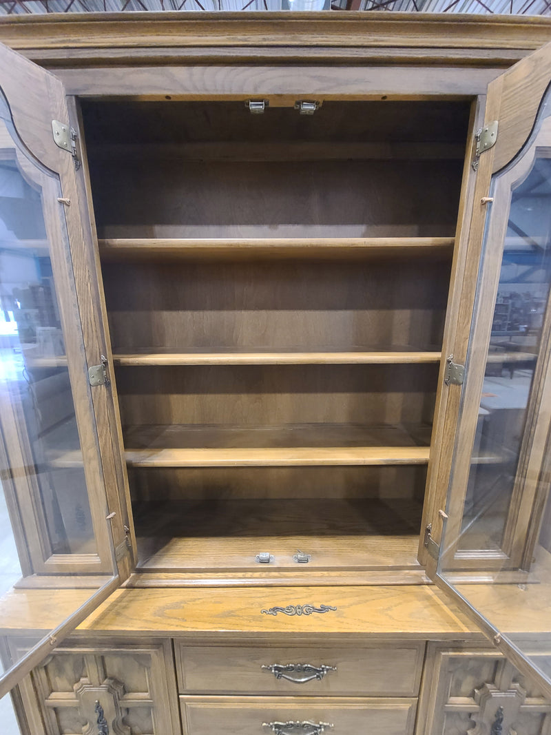 Vintage Oak Large Two-Piece China Cabinet & Buffet Credenza
