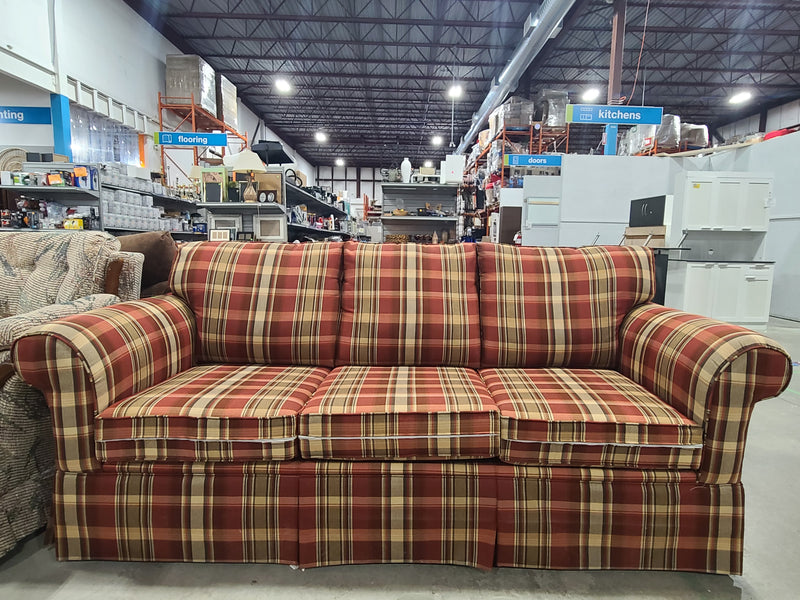 Plaid Upholstered Three-Cushion Sofa with Rolled Arms