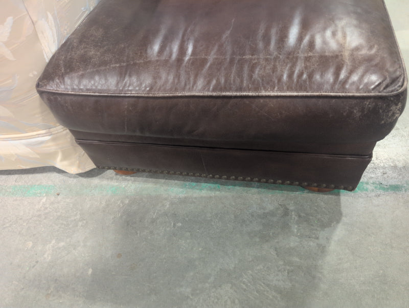 Brown Leather Ottoman with Wooden Feet