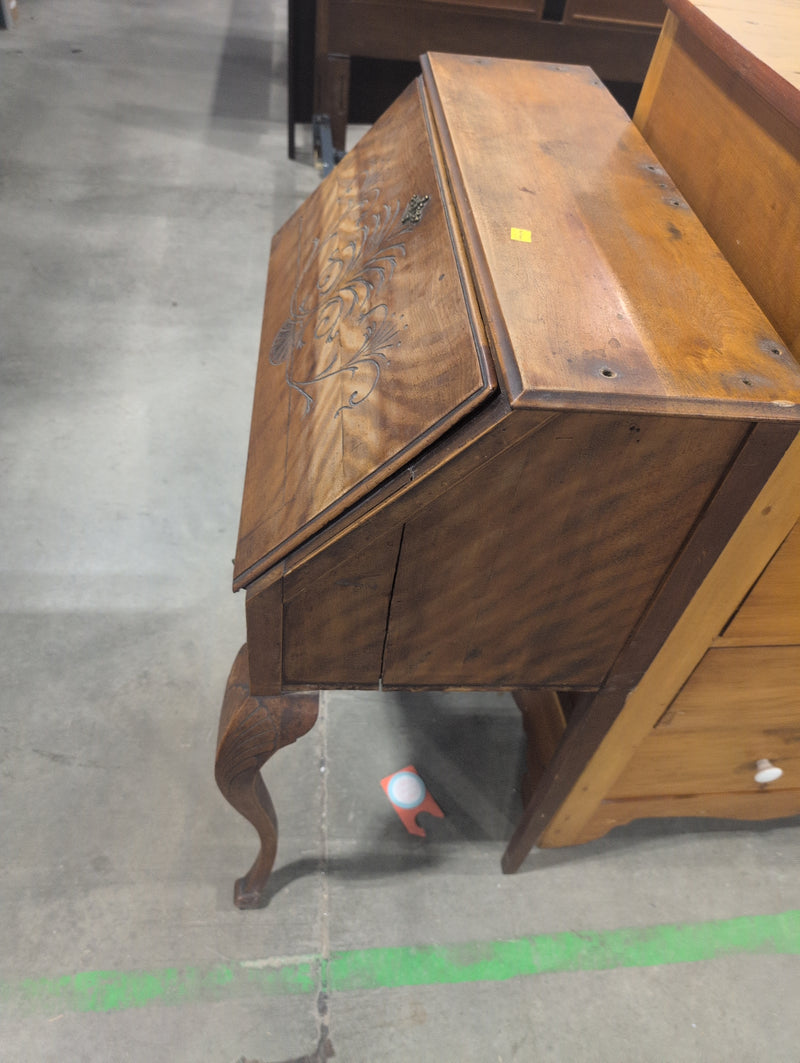 Vintage Carved Secretaries Desk with Lock and Key