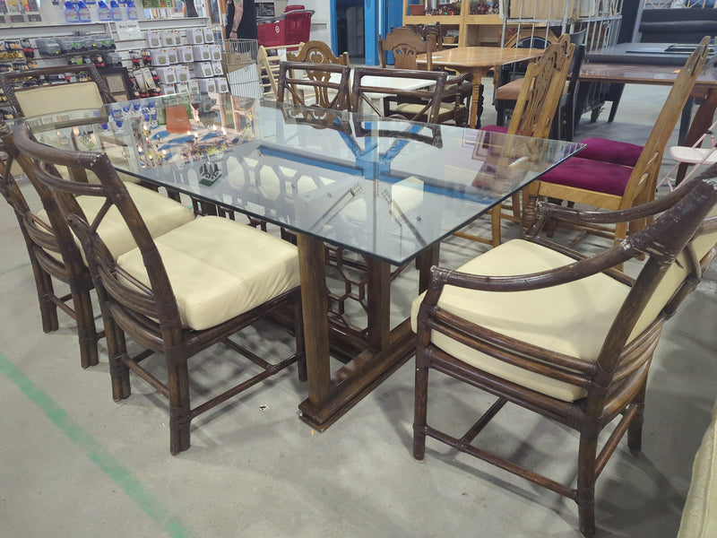 McGuire Bamboo + Raw Hide Chairs with Geometric Base Glass Table