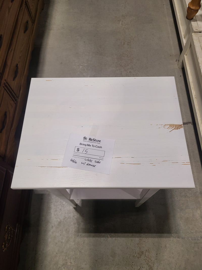 Charming White Side Table with Drawer and Shelf