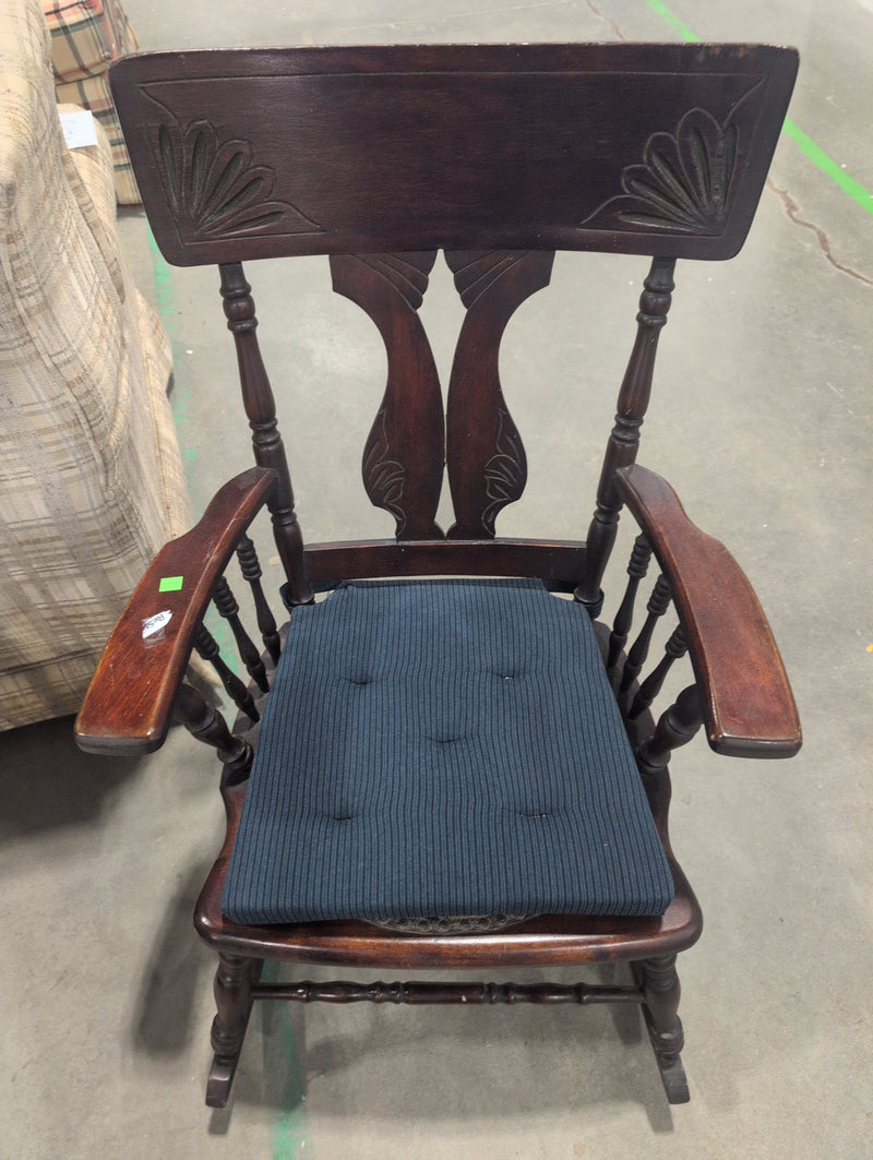 Dark Wood Rocking Chair with Blue Cushion