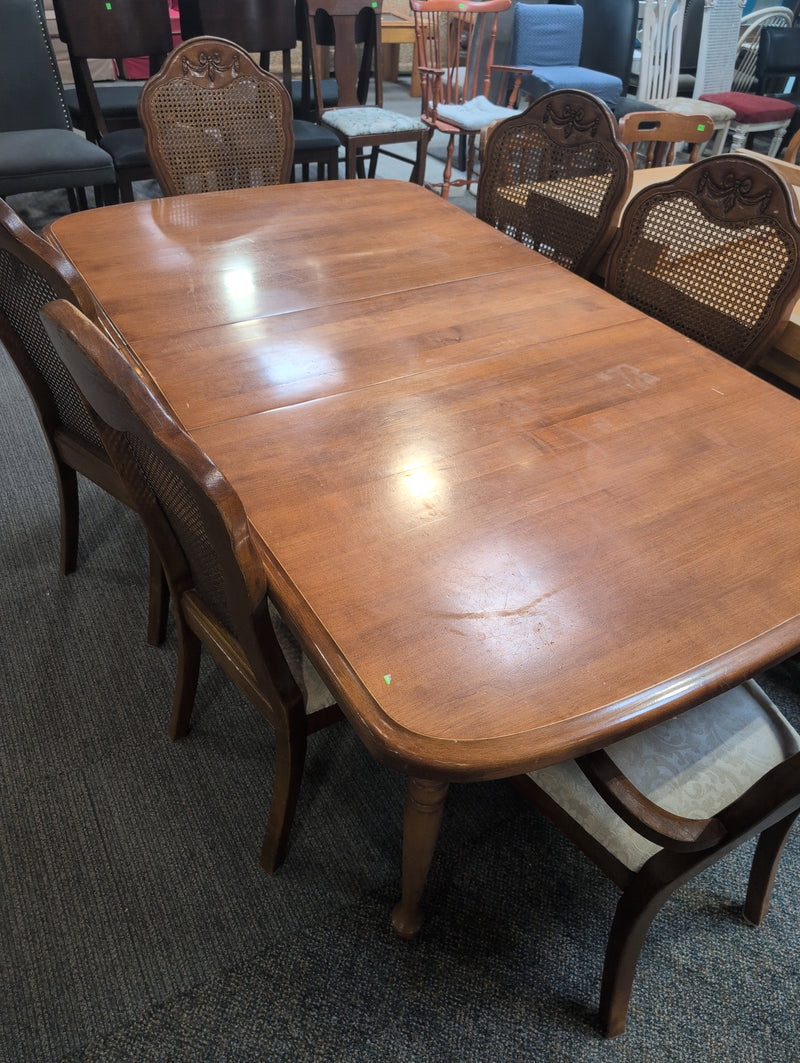 Traditional Solid Wood Dining Table with 6 Classic Cane Back Dining Chairs
