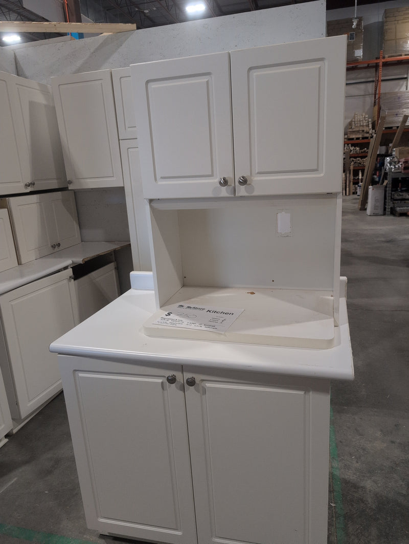 White Melamine Kitchen with Brushed Nickle Hardware and White Laminate Countertops