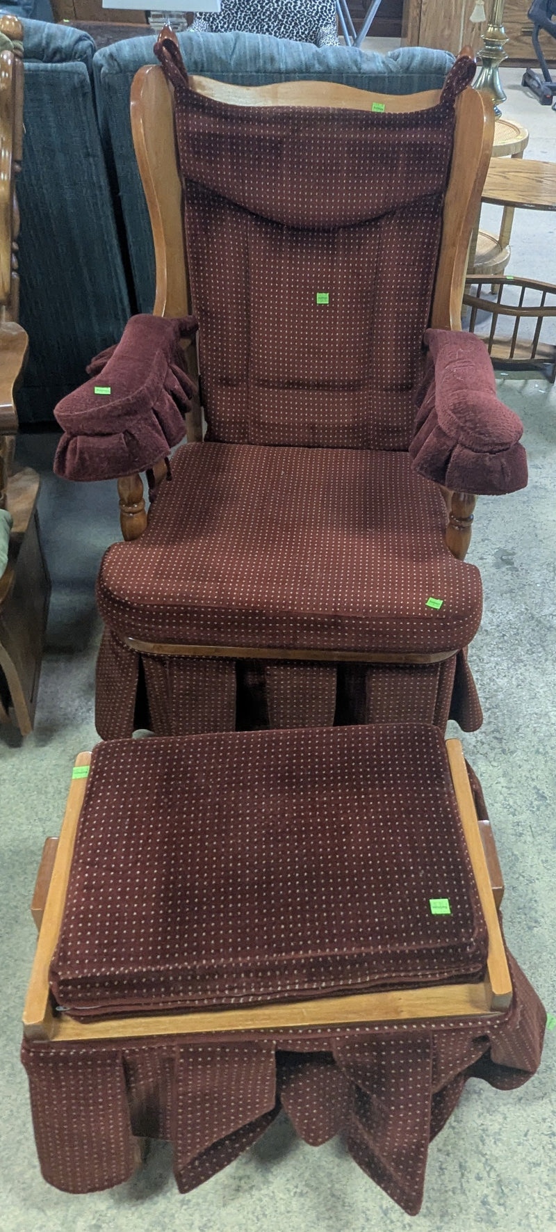 Antique Upholstered Red Rocking Chair with Ottoman