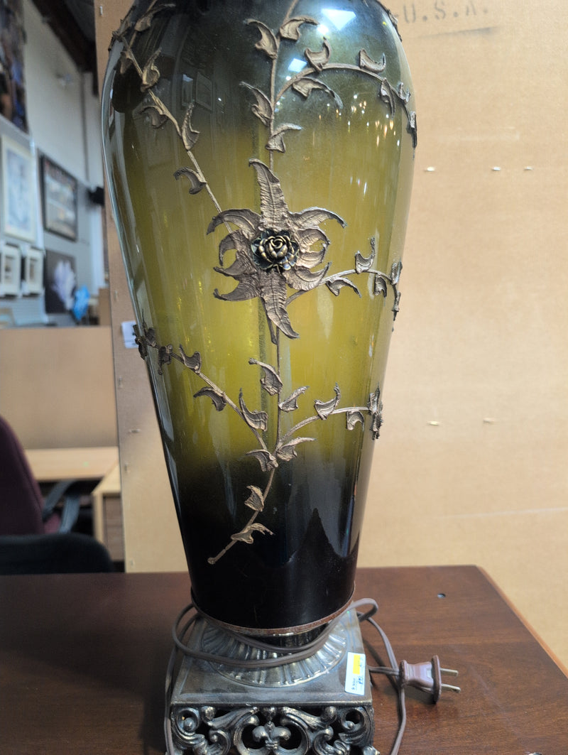 Ornate Table Lamp with Drum Shade and Floral Design