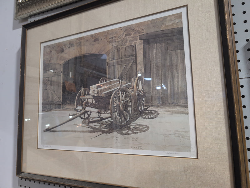 Painting of a Wooden Wagon Carrying Wood at a Stone Building with Wooden Doors