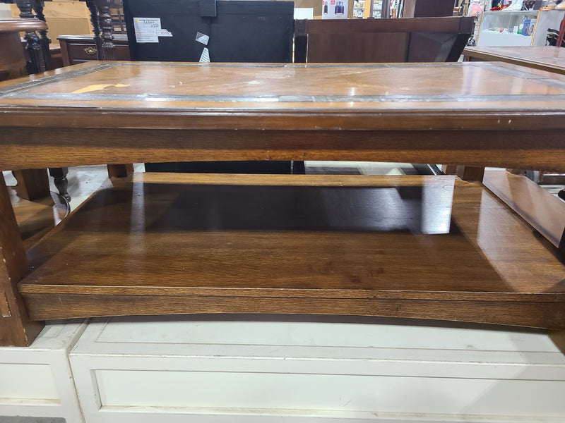 Rustic Oak Coffee Table with Slate Tile Inlay & Lower Storage Shelf