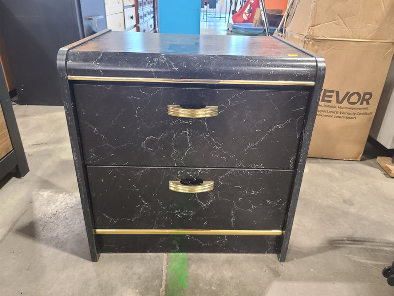 Vintage 90s Contemporary Black Marble-Look 2-Drawer Nightstand