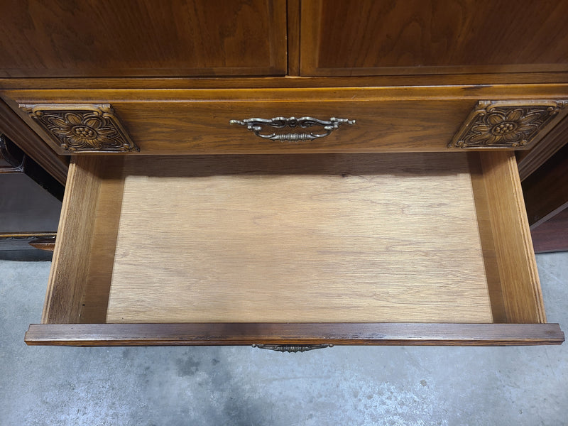 Vintage Floral-Carved Wood Armoire Chest of Drawers – Medium Oak Finish