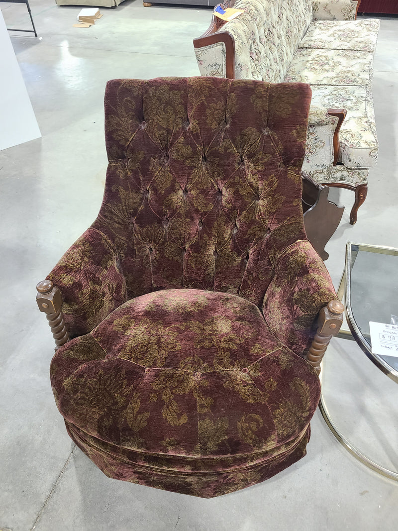 Vintage Tufted Burgundy & Gold Floral Swivel Armchair
