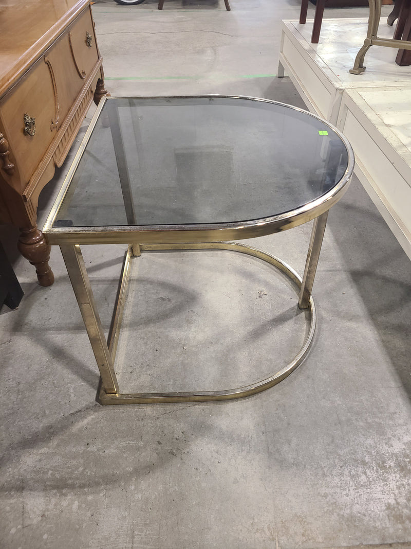 Vintage Hollywood Regency Brass & Smoked Glass D-Shape Side Table