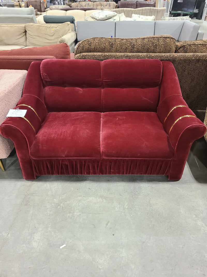 Amazing Condition Vintage Red Velvet 2-Seater Loveseat with Metallic Gold Arm Accents