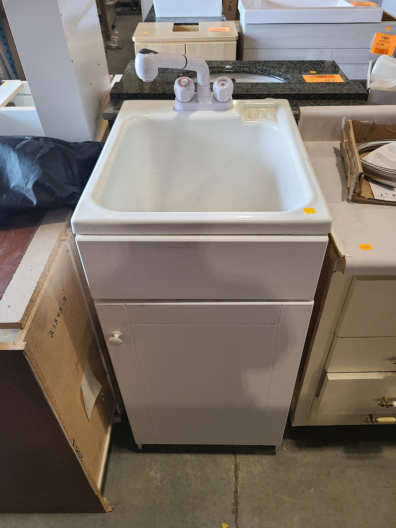White Utility Sink with Storage Cabinet and Faucet Combo