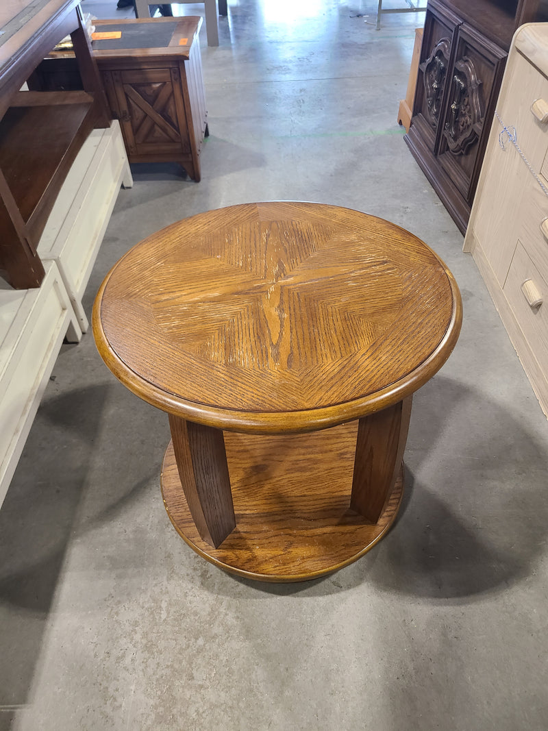 Traditional Round Oak End Table with Parquet Sunburst Top & Lower Shelf