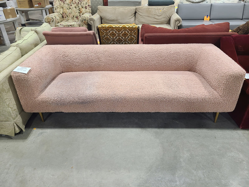 Modern Blush Pink Bouclé 3-Seater Sofa with Brass Peg Legs