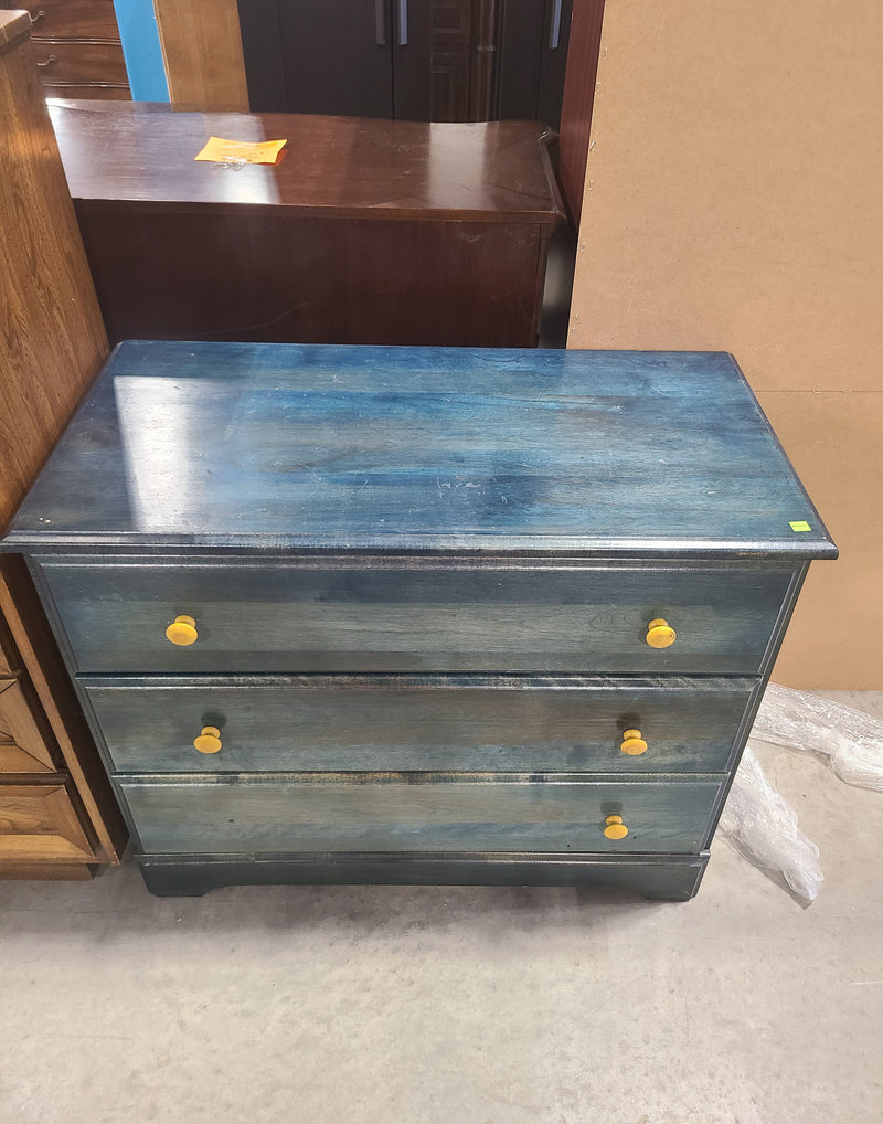 Blue Stained Wooden 3-Drawer Dresser with Yellow Knobs