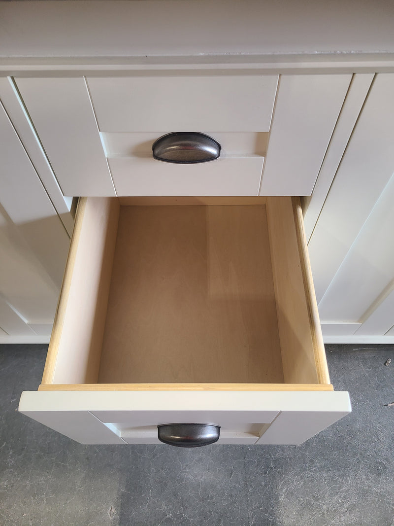 Off-White Bathroom Vanity Cabinet with Laminate Countertop, Round Stainless Steel Sink & Faucet
