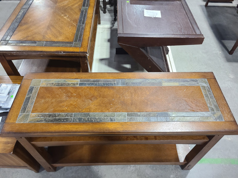 Rustic Oak Sofa Console Table / TV Stand with Slate Tile Inlay